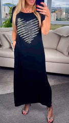 Vestido casual de cuello redondo para mujer con estampado de corazones plateados