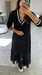 Vestido de malla con patchwork, mangas largas y cuello en V