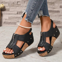 Sandalias de cuña retro elegantes con cremallera