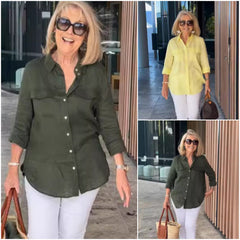 Camisa holgada de mujer con solapas de lino y cierre de botones.