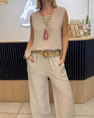 Conjunto de pantalón sin mangas de algodón y lino de color liso