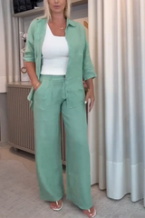 Traje casual de mujer de algodón y lino, de botonadura sencilla, con solapas, dos piezas