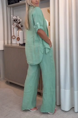 Traje casual de mujer de algodón y lino, de botonadura sencilla, con solapas, dos piezas