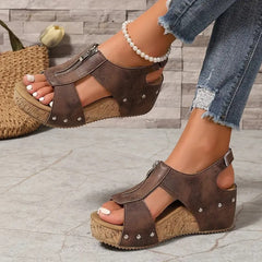 Sandalias de cuña retro elegantes con cremallera