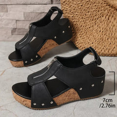 Sandalias de cuña retro elegantes con cremallera