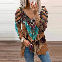 Camiseta con cremallera, hueca y estampado de borlas occidentales