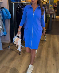 Vestido de manga larga con solapa y cremallera en color liso