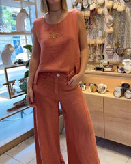 Conjunto de pantalón sin mangas de algodón y lino de color liso